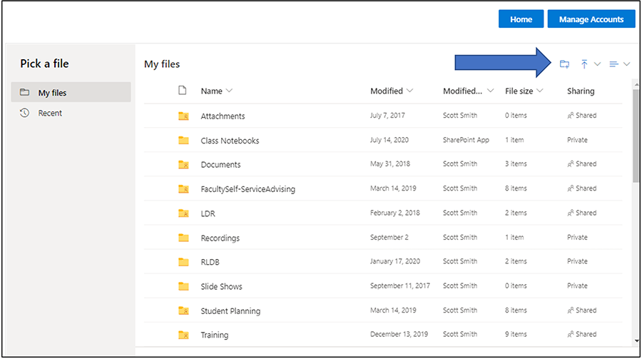 View of OneDrive Folder within Canvas