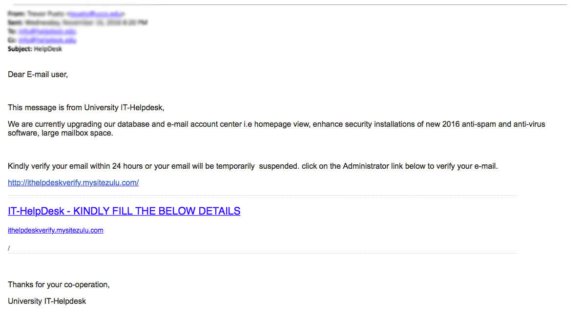 Phishing message received November 16, 2016