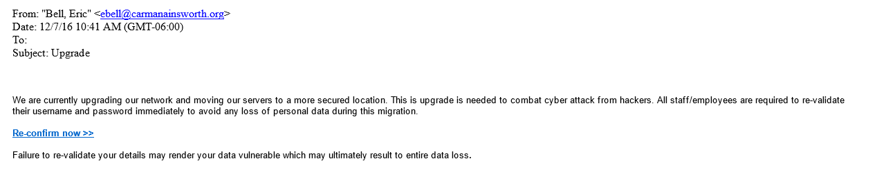 Screenshot of phishing message received on December 7, 2016