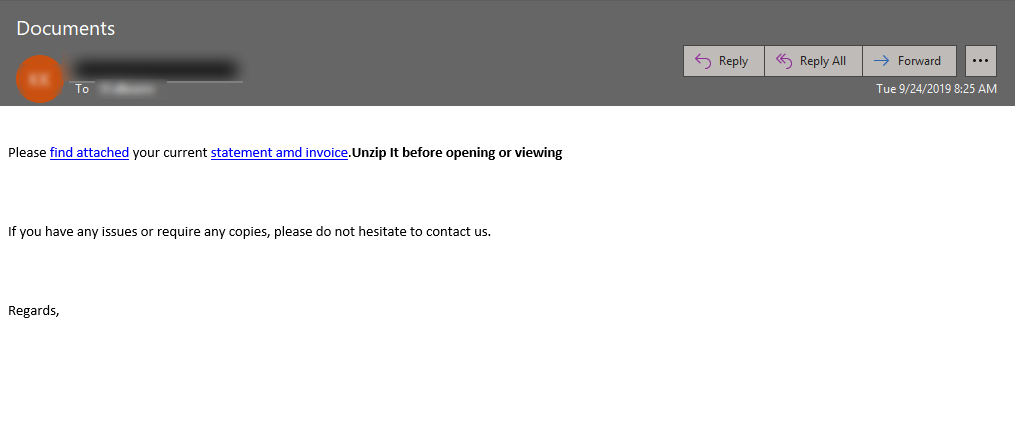 Text of Phishing message received on September 24, 2019.