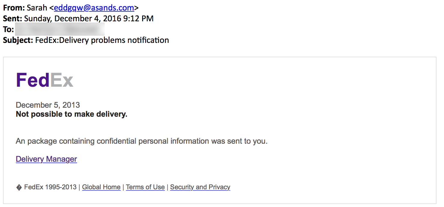 Screenshot of phishing message received on December 4, 2016