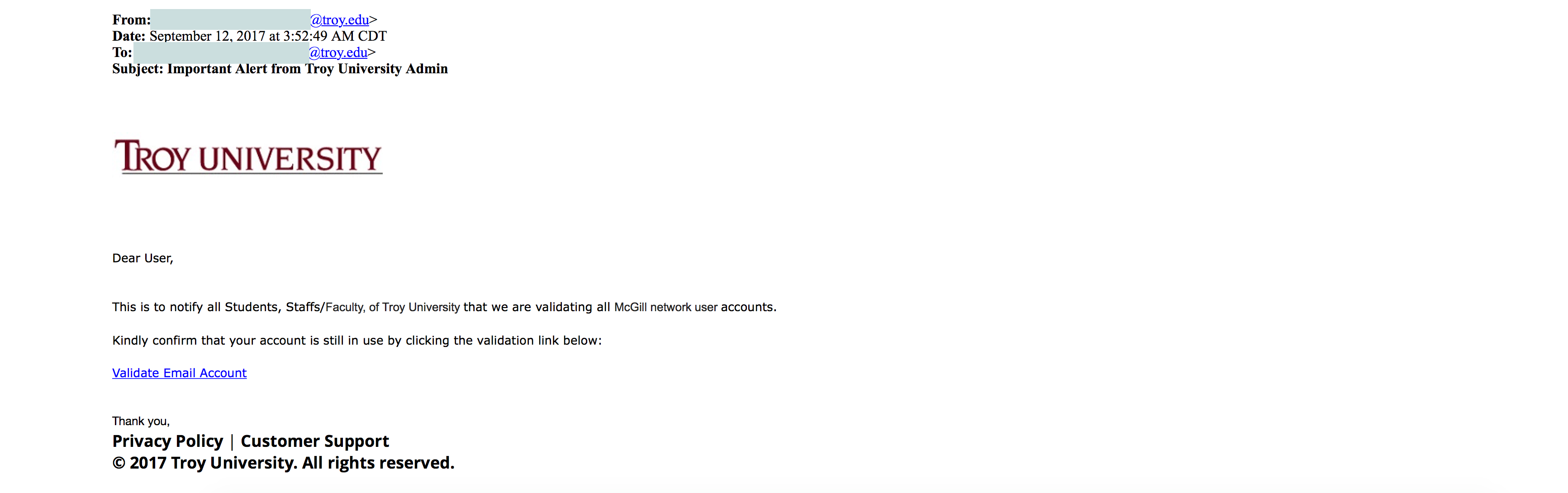 Screenshot 2 of phishing message received in September 2017